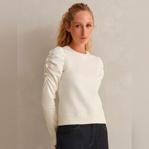 ME+EM Ruche Sleeve Boxy Sweatshirt Crew Neck Sweater Organic Cotton Cream Sz 10